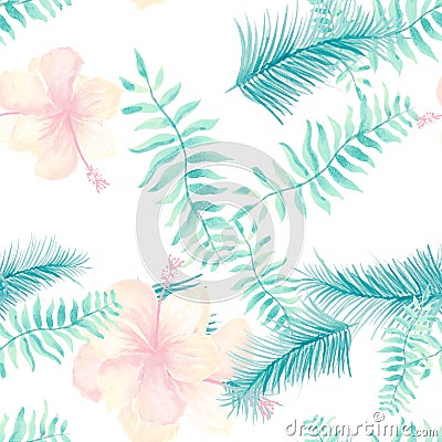 White Tropical Vintage. Azure Seamless Illustration. Pink Pattern Textile. Gray Flower Leaf. Navy Wallpaper Textile. Stock Photo