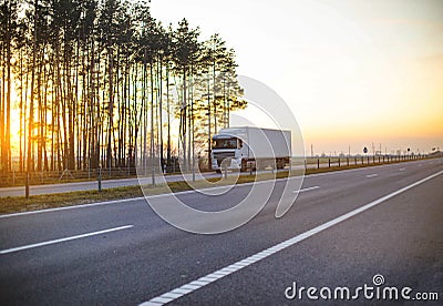 White truck with isotherm semitrailer transports frozen fruits and vegetables on the highway against the backdrop of a sunny Stock Photo
