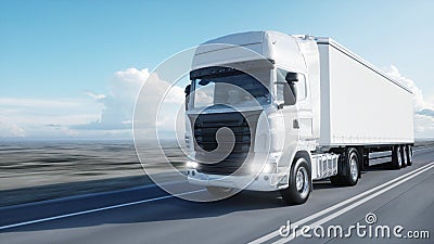 White truck. trailer on the road, highway. Transports, logistics concept. 3d rendering. Stock Photo