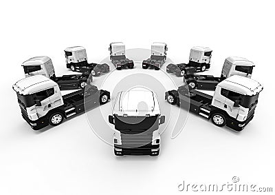 White trucks arranged in a circle Stock Photo