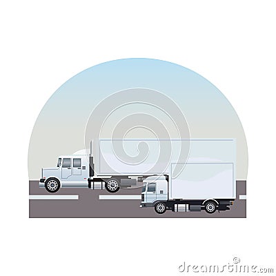 White trucks cars vehicles on the road scene Vector Illustration