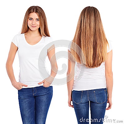 White tshirt on a young woman template Stock Photo