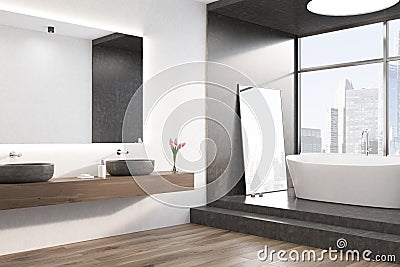 White tub, black room, window, side Stock Photo