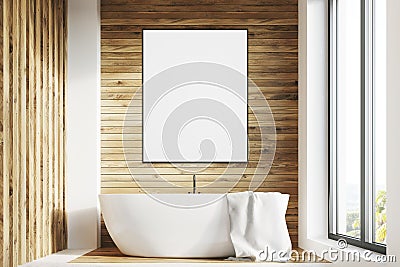 White tub, wooden room, poster, front Stock Photo