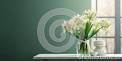 White Tuberose flower and window with sun light copy space blurred green wall background Stock Photo