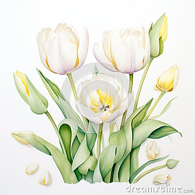 White Tulip Watercolor Painting For Product Photography Stock Photo