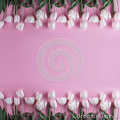 White tulips flowers over light pink background. Greeting card or wedding invitation. Stock Photo