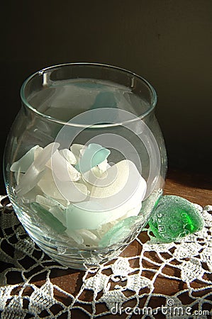 Glass jar full of seaglass from the ocean Stock Photo