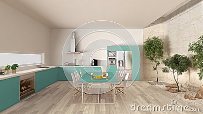 White and turquoise kitchen with inner garden, minimal interior Stock Photo