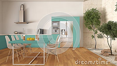 White and turquoise kitchen with inner garden, minimal interior Stock Photo