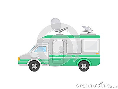 Outside broadcast van, side view. Truck with satellite dish antennas on roof. TV broadcasting car. Flat vector design Vector Illustration