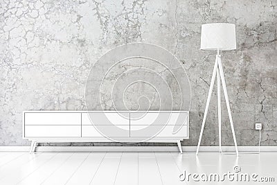 White tv console mockup with modern floor lamp in empty room Stock Photo