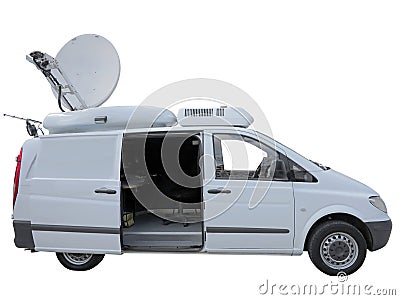 White tv newsman van with satellite dish antenna isolated over w Stock Photo