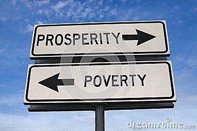 White two street signs with arrow on metal pole with word prosperity and poverty Stock Photo