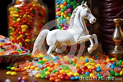 a white unicorn figurine next to a pile of colorful jelly beans Stock Photo