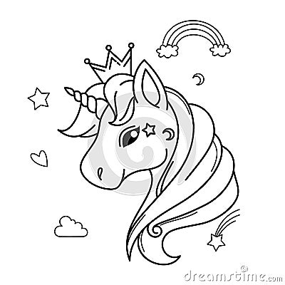 White Unicorn head vector icon for children design isolated. Head portrait horse with rainbow hair. Cute magic cartoon fantasy ani Vector Illustration