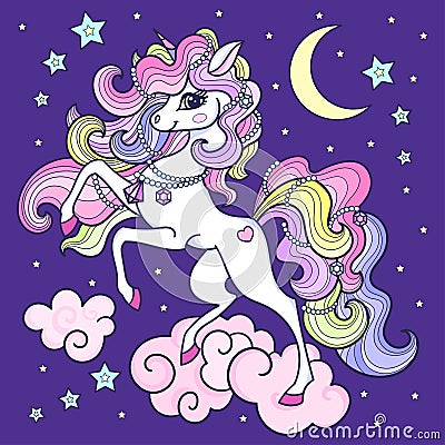 White unicorn with a long mane in the sky on a cloud. Vector Vector Illustration