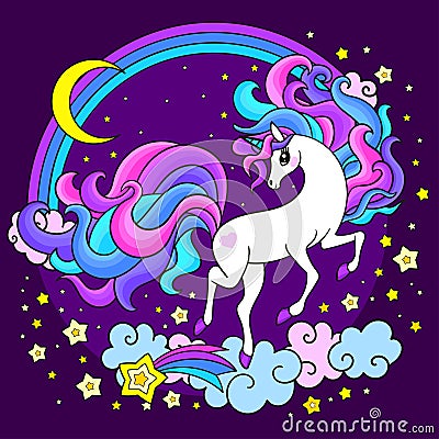 White unicorn with a long rainbow mane in the night sky. Beautiful children`s illustration. Vector Vector Illustration