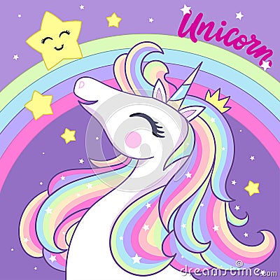 A white unicorn looks at the stars against the background of a rainbow. Vector Vector Illustration