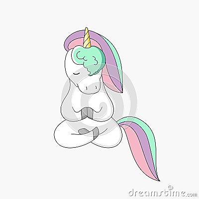 A white unicorn with a multi-colored mane sits in a lotus position. Vector Illustration