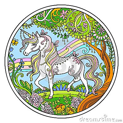 White unicorn ornamental color round vector illustration Vector Illustration