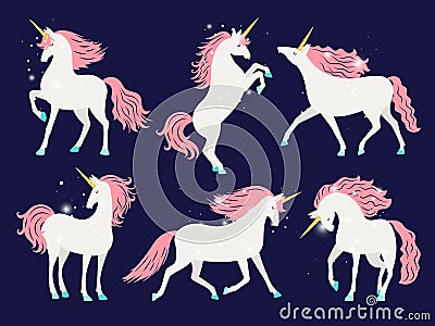 White unicorn with pink mane. Cartoon pretty unicorn horse with rose mane for girls t-shirt design vector illustration Vector Illustration