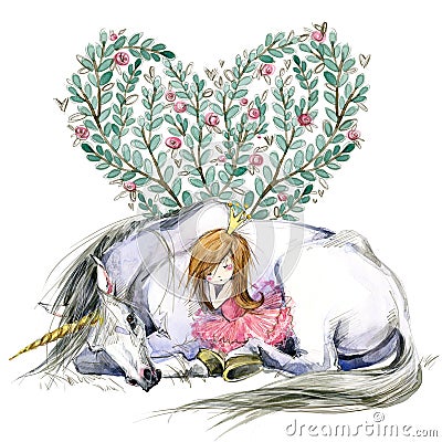 White unicorn and princess watercolor hand drawn illustration Cartoon Illustration