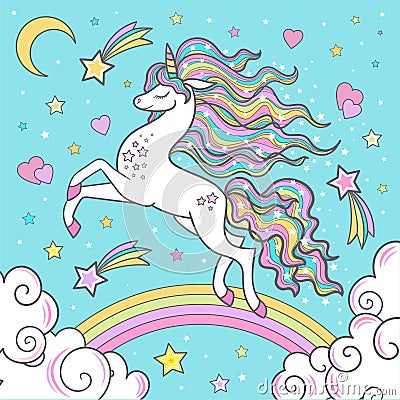 White unicorn on a rainbow. Children`s illustration. Vector. Vector Illustration