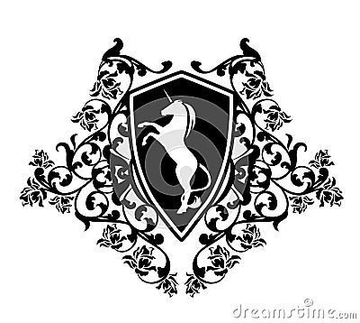 Unicorn horse and rose flowers black and white heraldic coat of arms Vector Illustration