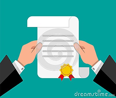 White unrolled paper diploma scroll in hand Vector Illustration