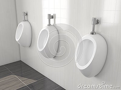 White urinals in men public toilet. Modern ceramic urinals hanging on the tiled wall. 3d rendering illustration Cartoon Illustration