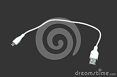 White usb micro cable isolated on dark background. Connectors and sockets for PC and mobile devices. Computer Power Peripherals Stock Photo