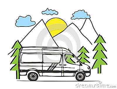 White van with forest and mountains in the background. Living van life, camping in the nature, travelling. Stock Photo