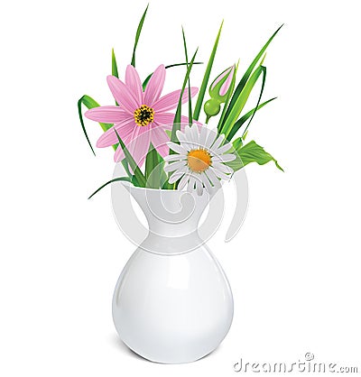 White vase with a bouquet of summer flowers and grass Vector Illustration