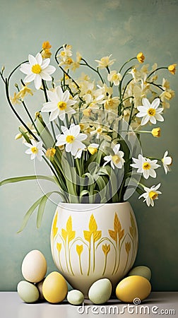 A white vase filled with lots of yellow and white flowers. Digital image. Easter decorations. Stock Photo