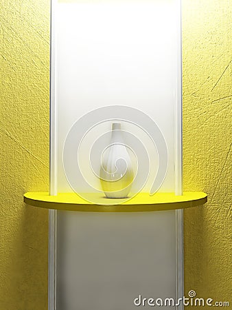 A white vase is standing on the yellow shelf, Stock Photo