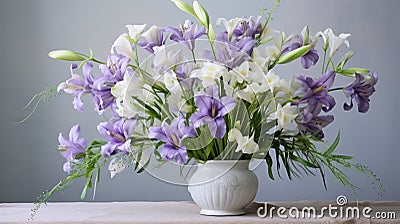 Elegant Iris Arrangement With Blooming Lilies For A Serene Living Space Stock Photo
