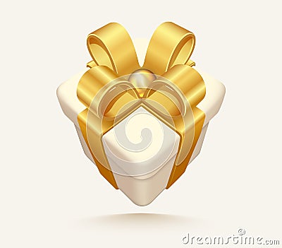 White vector giftbox. Realistic gift box, with golden satin bow. Cube shape present box, tied with gold wrapping ribbon Vector Illustration