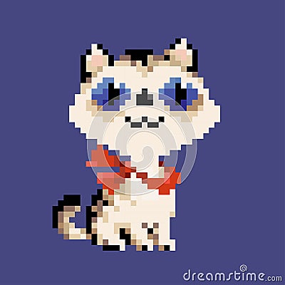 White vector pixel art cat in red scarf Vector Illustration