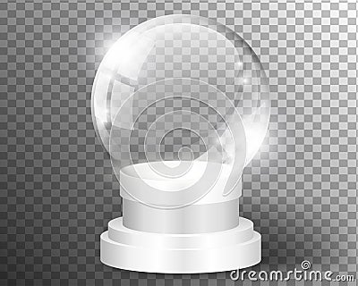 White vector snow globe clear template isolated on transparent background. Christmas magic ball. Glass ball dome layered stand. Vector Illustration