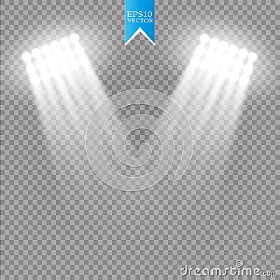 White vector spotlight light effect on transparent background. Concert scene with sparks illuminated by glow ray Vector Illustration