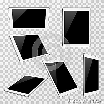 White vector tablet at different angles of view isolated on transparent plaid background Vector Illustration