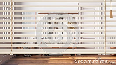 White venetian blinds close up view, over farmhouse scandinavian hallway with bench, interior design, privacy concept Stock Photo