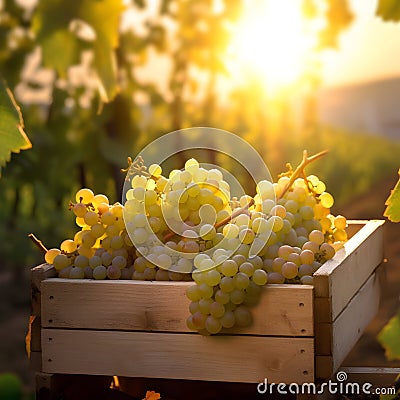 White vine grapes harvested in a wooden box with vineyard and sunshine. Stock Photo