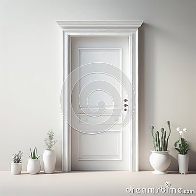 White vintage entrance door on minimal style Light color wall background. ai generative Stock Photo