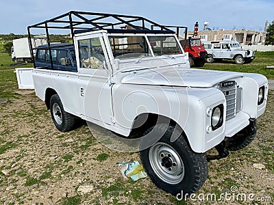 White Vintage 1971 Opentop Landrover, Cyprus 2022. Editorial Stock Photo