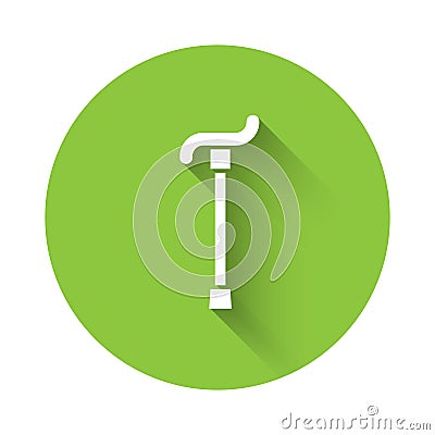 White Walking stick cane icon isolated with long shadow. Green circle button. Vector Stock Photo