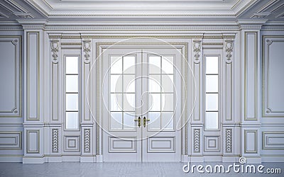 White wall panels in classical style with gilding. 3d rendering Stock Photo