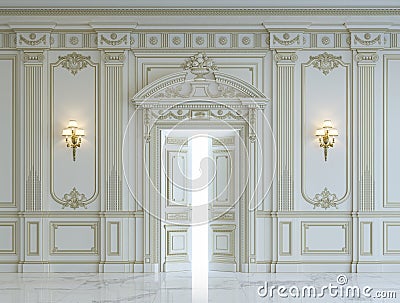 White wall panels in classical style with gilding. 3d rendering Stock Photo