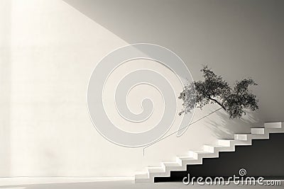 a white wall with a tree growing on the stairs Stock Photo